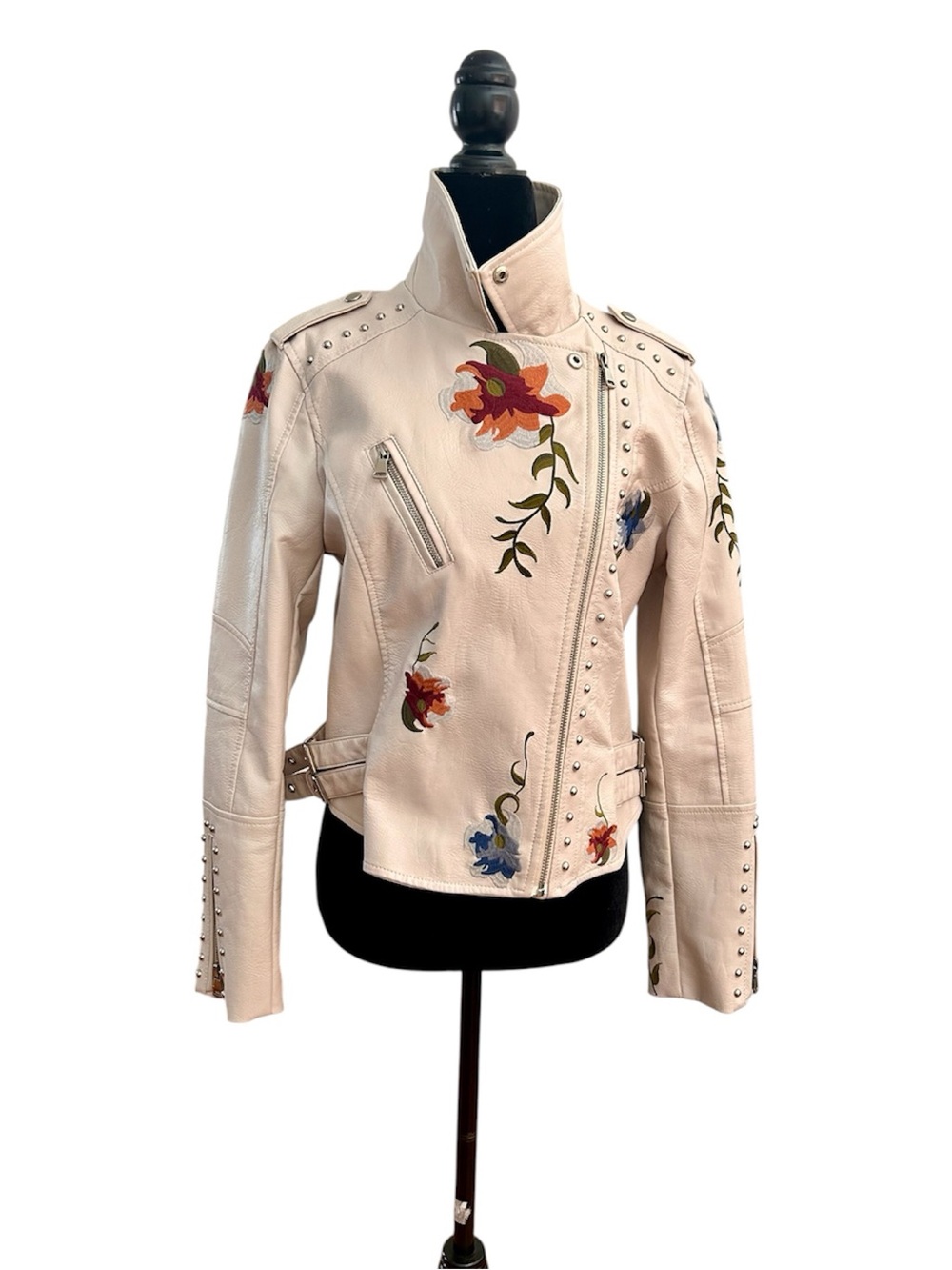 Embroidered Floral Vegan Leather Moto Jacket Size XS/S